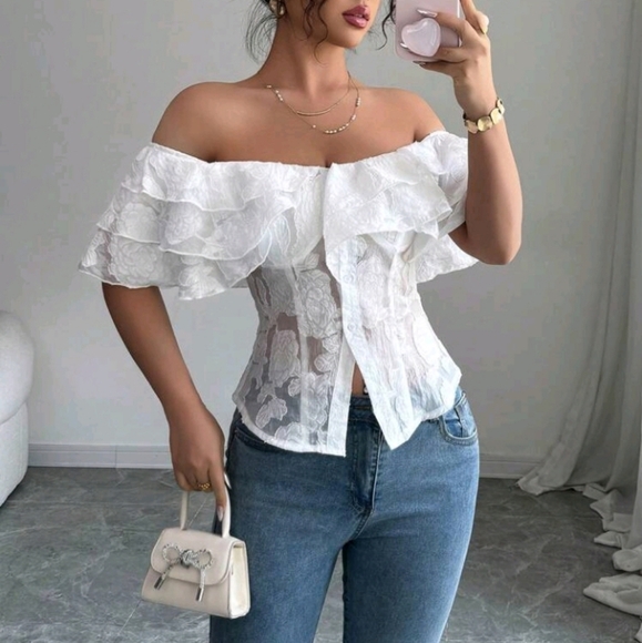 Tops - Women's Romantic Ruffled Off Shoulder Cinched Waist Blouse, Sweet Summer